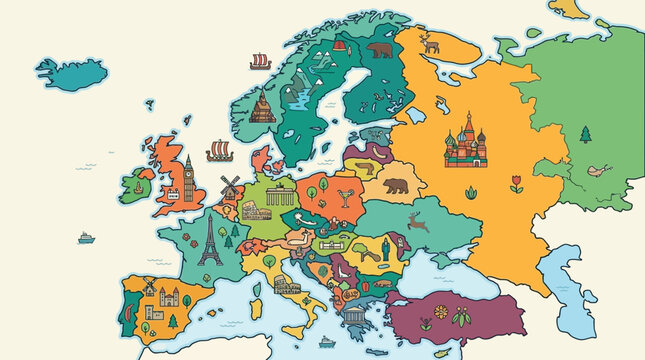 Bunte, illustrierte Europakarte mit l&auml;nderspezifischen Wahrzeichen und Symbolen, perfekt f&uuml;r Reiseplanung und Bildung.