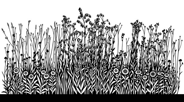 Eine detaillierte Schwarz-Wei&szlig;-Linienzeichnung einer vielf&auml;ltigen Wiesenlandschaft mit hohen Gr&auml;sern, zarten Blumen und charakteristischen Samenst&auml;nden, ideal als nat&uuml;rliches Designelement oder