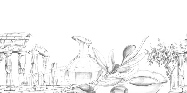 Classical temple fragments, olive grove scenery, oil glass jug, fruit branches, historic architecture, ancient columns and gnarled trees. Seamless banner hand drawn in pencil for cultural publications