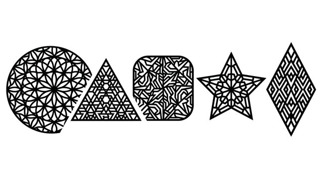 Ein Set aus filigranen, geometrischen Formen wie Kreis, Dreieck, Quadrat, Stern und Raute mit abstrakten Mustern, ideal f&uuml;r modernes Grafikdesign und Laserzuschnitte.