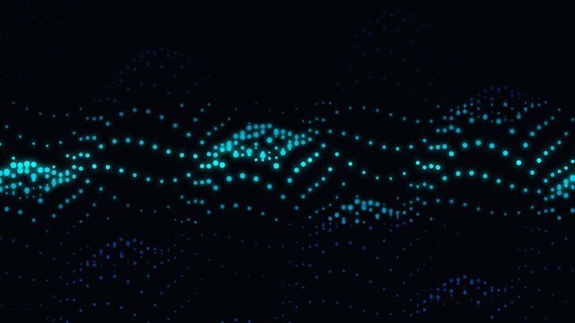 Abstract technology background animation featuring glowing cyan dot particle waves rippling vertically across a dark backdrop, creating a modern cyber matrix loop template with copy space