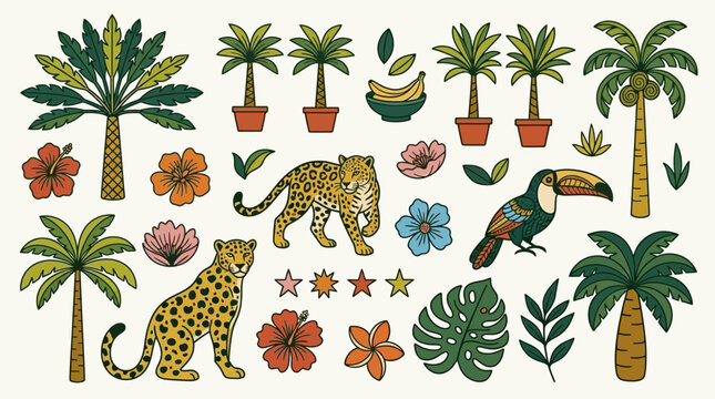 Bunte Vektor-Sammlung von handgezeichneten tropischen Elementen wie Leoparden, Tukan, Palmen, Hibiskusbl&uuml;ten und Monstera-Bl&auml;ttern, ideal f&uuml;r sommerliche Designs und Dekorationen.