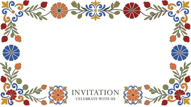 Decorative horizontal floral border in folk art style with pomegranates and blue daisies.