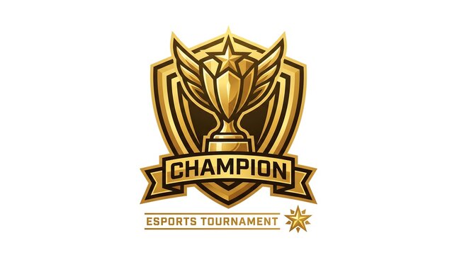 A gold champion sports logo featuring a trophy with leaves on a shield with a banner on a white background
