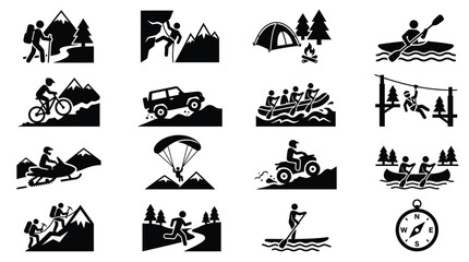 Obraz premium Set of black adventure icons depicting various outdoor sports and activities in a flat style
