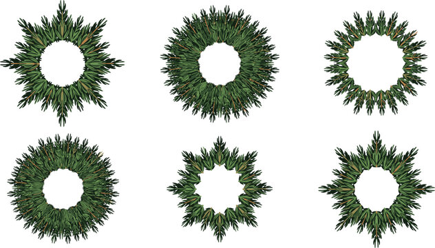 Christmas pine wreath vector set. Evergreen branch circular frames collection. Holiday star shaped green borders. Isolated design elements.