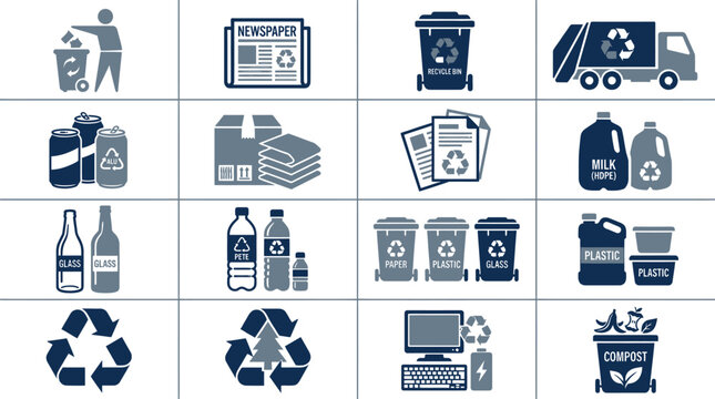 Set of dark blue flat vector icons depicting various types of recycling and waste management processes
