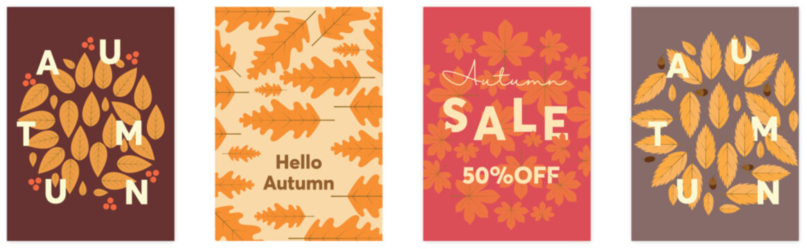 Autumn set 4. Autumn. A set of simple flat vector illustrations. Background patterns hello autumn, autumn sale, seasons. Perfect background for banner, poster, cover, flyer.