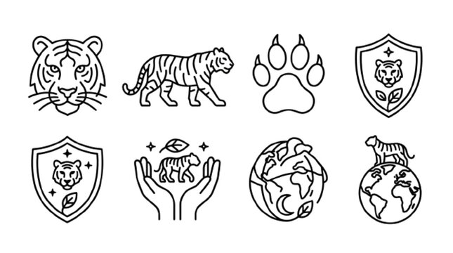International Tiger Day vector icon set, exactly 6 unique elements, tiger face, walking tiger, tiger paw print, conservation shield