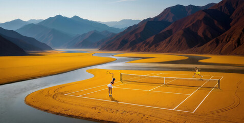 Fototapeta premium Tennis players on surreal yellow court in mountain valley landscape. Concept of summer sport advertising, outdoor tennis tournament, travel campaign and creative poster design.