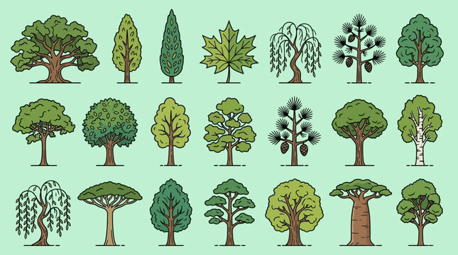 Eine vielf&auml;ltige Sammlung von handgezeichneten Baumarten-Silhouetten in verschiedenen Formen und Gr&ouml;&szlig;en, ideal f&uuml;r Natur- und Umweltdesignprojekte.