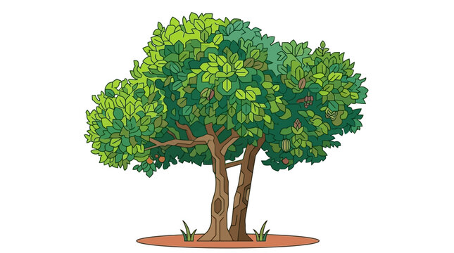 Eine farbenfrohe Vektorillustration eines gr&uuml;nbl&auml;ttrigen Baumes mit orangefarbenen Fr&uuml;chten, ideal f&uuml;r Natur- und Umweltthemen in Kinderb&uuml;chern oder Webdesigns.