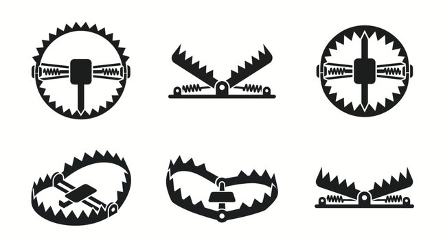 Set of various animal hunting trap icons, symbolizing danger, risk, and capture mechanisms