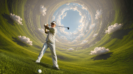 Fototapeta premium Golfer swinging club inside surreal circular green landscape tunnel. Concept of summer sport advertising, golf resort campaign, luxury lifestyle poster and travel promotion.