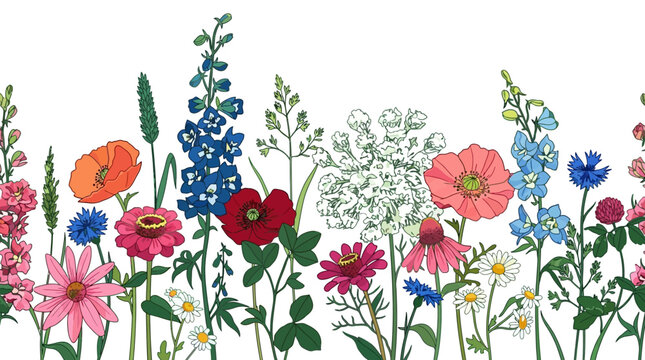 Eine farbenfrohe, nahtlose Vektor-Illustration einer Wildblumenreihe mit Mohn, Kornblumen und G&auml;nsebl&uuml;mchen, ideal als dekorative Fr&uuml;hlings- oder Sommergrenze.