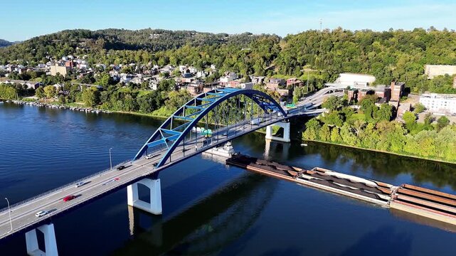 Aerial View of Fort Henry Bridge Over the Ohio River, Wheeling West Virginia Cityscape and Landscape