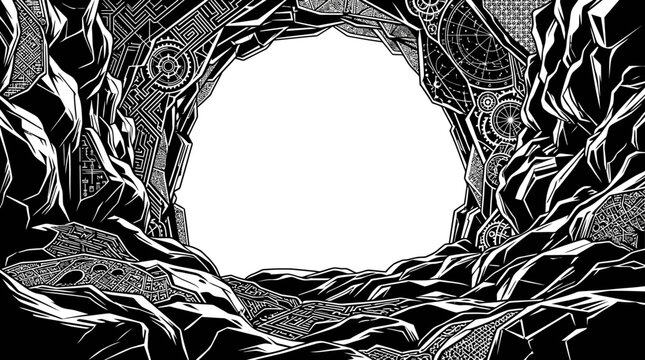 Detaillierte Schwarz-Wei&szlig;-Illustration eines mysteri&ouml;sen H&ouml;hleneingangs mit komplexen Mustern und einem strahlend wei&szlig;en Portal, das zu einer unbekannten Dimension f&uuml;hrt.