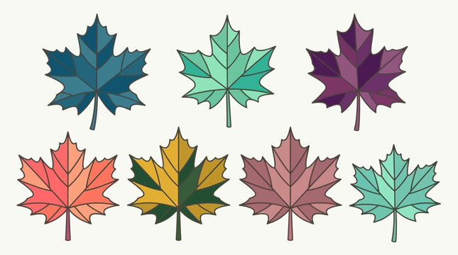 Sieben farbenfrohe, polygonale Ahornbl&auml;tter in verschiedenen Schattierungen pr&auml;sentieren ein modernes, minimalistisches Design auf wei&szlig;em Hintergrund, ideal f&uuml;r Herbst- und Naturthemen.