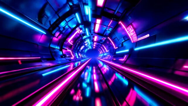 Bright neon pink blue lights in a futuristic digital cyberspace tunnel, suitable for virtual reality and technologyrelated designs. Cyberpunk aesthetic.