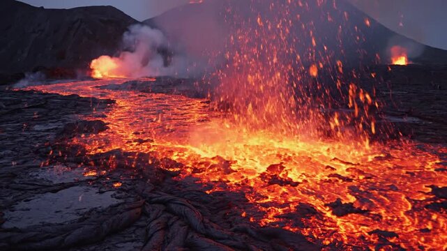Erupting volcano spews molten lava into the air at dusk