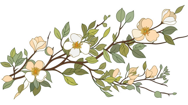 Zarter floraler Bl&uuml;tenzweig mit wei&szlig;en Blumen, gr&uuml;nen Bl&auml;ttern und braunen &Auml;sten, ideal f&uuml;r elegante Fr&uuml;hlings- und Sommerdesigns.