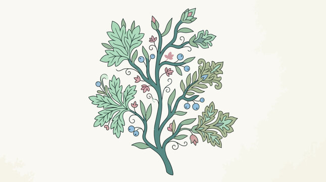 Eine elegante Vektorillustration eines stilisierten Pflanzenzweigs mit gr&uuml;nen Bl&auml;ttern, blauen und roten Beeren im Art Nouveau Stil auf hellem Hintergrund.