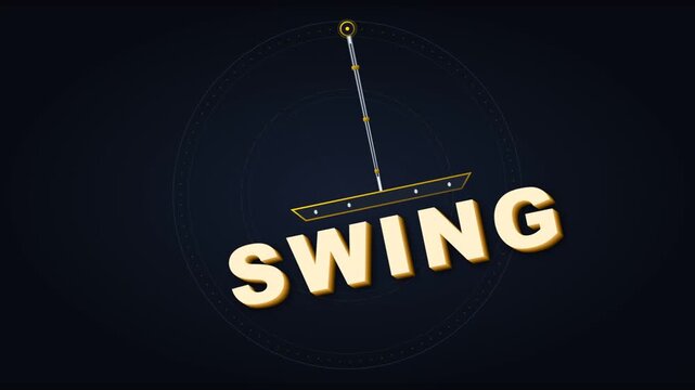 Animated word SWING with pendulum effect on dark background.