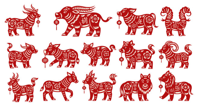 Chinese New Year Zodiac animals set, traditional red paper cut art, Asian culture symbols, isolated white background.