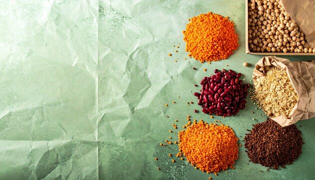 A vibrant assortment of legumes and grains arranged artfully on a textured green surface, showcasing natural textures and wholesome ingredients