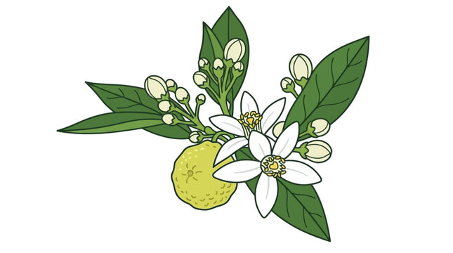 Detailreiche Vektorillustration eines Bergamottezweigs mit wei&szlig;en Bl&uuml;ten, gr&uuml;nen Bl&auml;ttern und einer gelbgr&uuml;nen Frucht auf isoliertem wei&szlig;em Hintergrund.