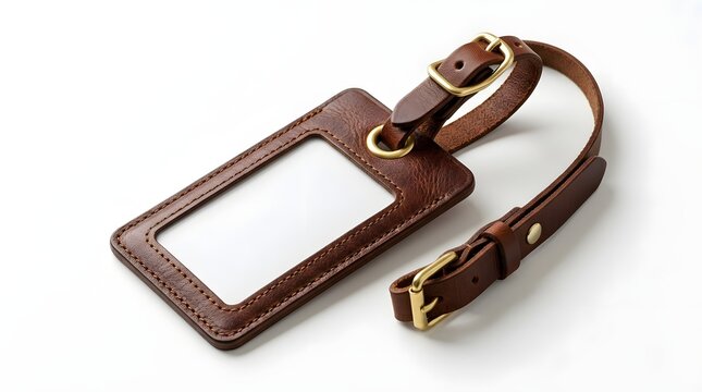 Brown leather luggage tag with adjustable buckle strap and blank transparent window on white surface.