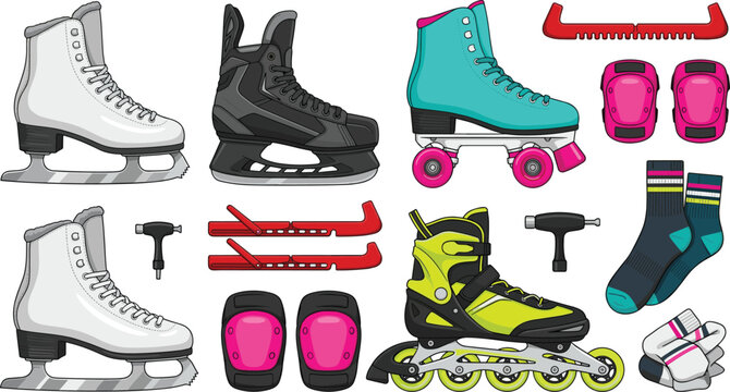 Ice skate and roller skate equipment set. Figure skates, hockey skates, quad skates, inline rollerblades, protective pads, blade guards, t-tools and athletic socks.