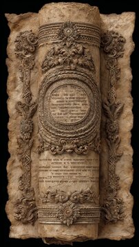 An ancient stone scroll with intricate carvings and indecipherable script serves as a textured background for historical or fantasy design.