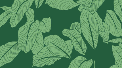 Fototapeta premium Patrón sin costuras con hojas tropicales estilizadas en tonos verdes, ideal para fondos decorativos, diseño textil, papel tapiz elegante y proyectos de diseño gráfico con estilo botánico.