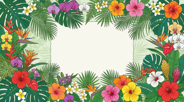 Marco decorativo con flores tropicales coloridas y hojas de palma exuberantes sobre un fondo claro, ideal para invitaciones de verano, dise&ntilde;o de tarjetas de felicitaci&oacute;n y anuncios de eventos.
