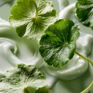 Centella sunscreen cream texture with green botanical leaves, close up skincare background illustrating soothing SPF formula for sensitive skin, cosmetic branding and advertising