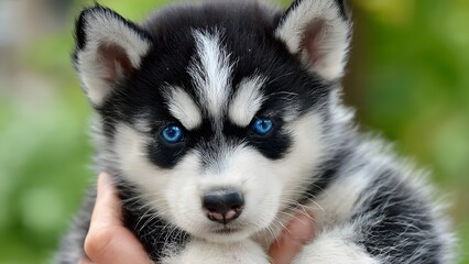 Obraz premium Adorable Husky Puppy with Bright Blue Eyes Being Held