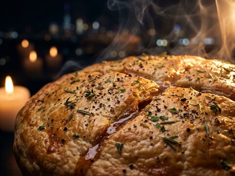 Macro Herb Crust Texture with Dramatic Rim Lighting and Steam