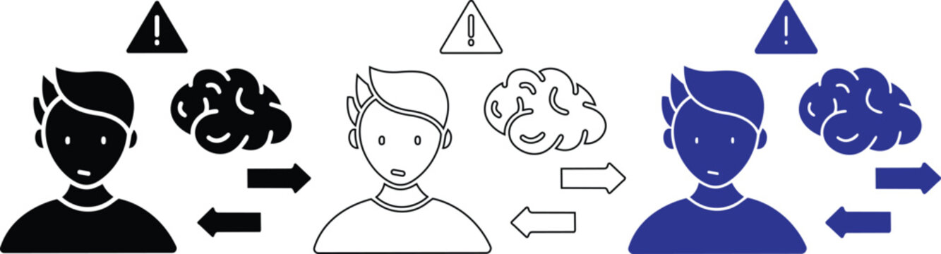 Confusion mental health vector illustration featuring man with brain fog and warning sign icons for medical and psychological conditions concept design.