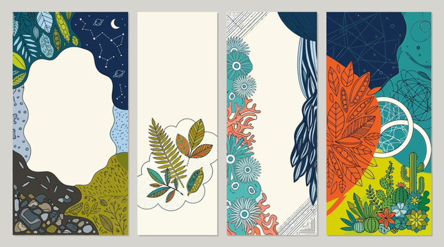 Conjunto de cuatro banners verticales con ilustraciones bot&aacute;nicas abstractas, elementos naturales, formas geom&eacute;tricas y texturas org&aacute;nicas en una paleta de colores moderna y elegante.
