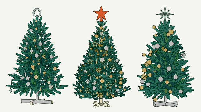 Conjunto de tres &aacute;rboles de Navidad decorados con adornos dorados y plateados, estrellas y luces sobre un fondo claro, ideal para dise&ntilde;os festivos de temporada y tarjetas de felicitaci&oacute;n.