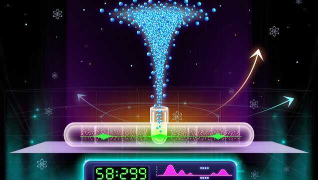 Atomic Clock Cesium Fountain Frequency Standard Scientific Visualization, Educational Digital Art Concept