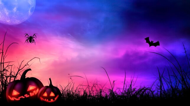 Halloween background with jack-o-lanterns, a spider, and a bat silhouetted against a purple and blue sky with a full moon.