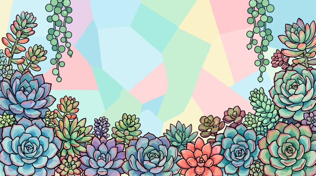Ilustraci&oacute;n vibrante de suculentas y plantas colgantes en tonos pastel, formando un marco decorativo sobre un fondo geom&eacute;trico colorido, ideal para dise&ntilde;os frescos y alegres.