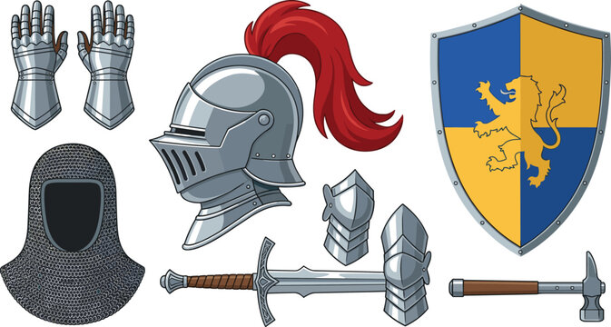Medieval knight armor and historical warrior weapons vector set. Steel helmet, heraldic lion shield, sword, chainmail coif, metal gauntlets and war hammer.