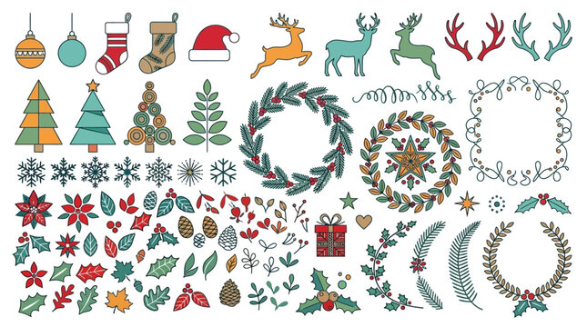 Conjunto de iconos vectoriales de Navidad con elementos decorativos festivos como renos, &aacute;rboles, coronas, copos de nieve y adornos sobre un fondo blanco para dise&ntilde;o gr&aacute;fico.