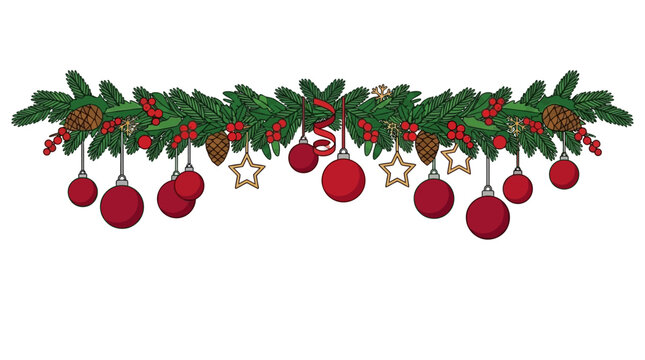 Guirnalda decorativa de Navidad con ramas de pino, pi&ntilde;as, bayas rojas y adornos colgantes esf&eacute;ricos y estrellas sobre un fondo blanco aislado para dise&ntilde;o festivo