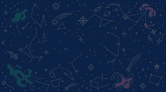 Fondo de cielo nocturno con constelaciones dibujadas a mano, estrellas brillantes, nebulosas abstractas y elementos astron&oacute;micos en un estilo de ilustraci&oacute;n vectorial minimalista.