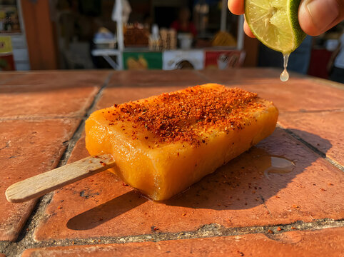 Mexican mango ice pop paleta seasoned generously with red chili taj&iacute;n spice powder, being drizzled with fresh green lime juice