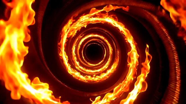 Bright orange swirling fire vortex in a dark hollow deep tunnel with glowing golden flames. Suitable for intense, fierythemed designs.